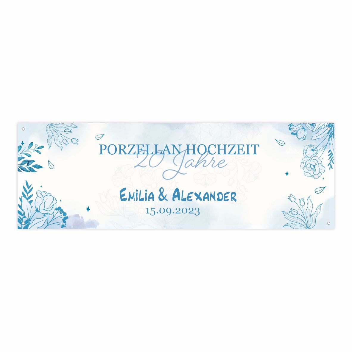 Hochzeit Banner "Blaue Blumen" Personalisierung mit Namen, Datum und Wunschtext