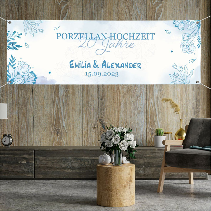 Hochzeit Banner "Blaue Blumen" Personalisierung mit Namen, Datum und Wunschtext