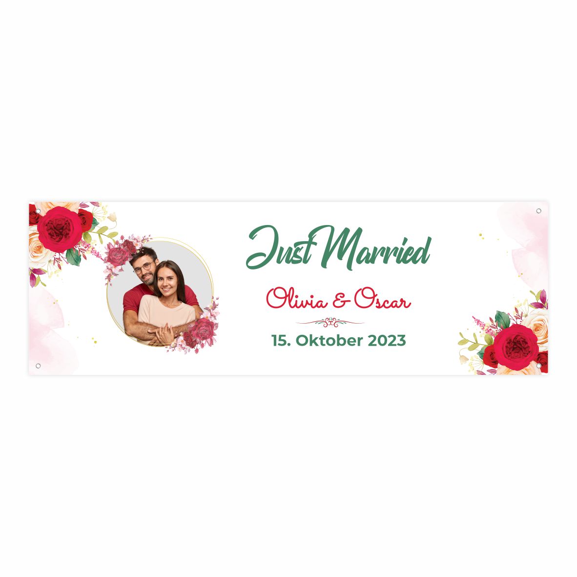 Personalisiertes Banner zur Hochzeit "Just Married" mit Foto, Namen und Datum