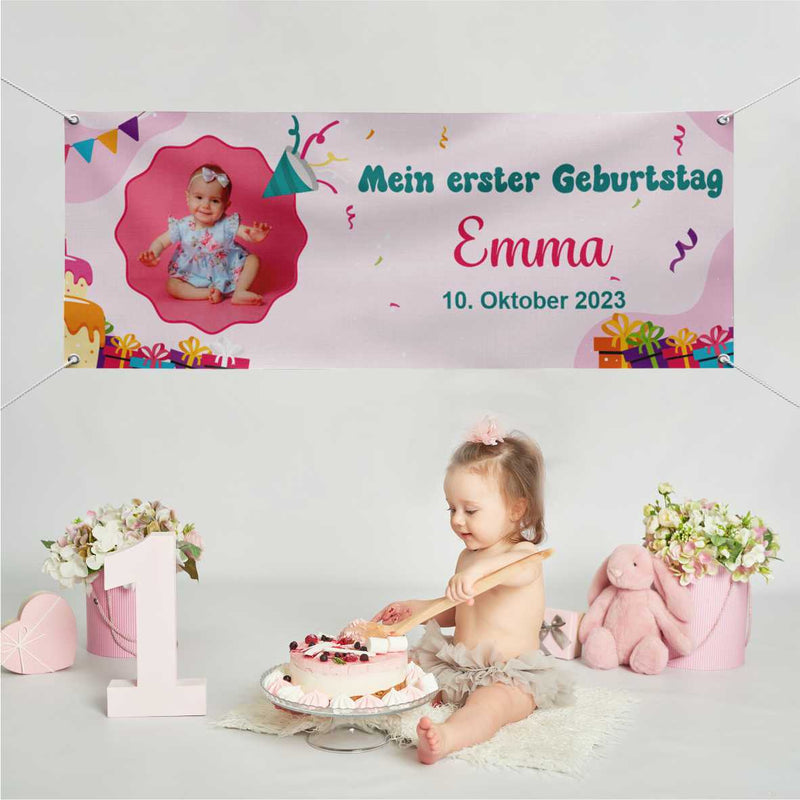 Geburtstagsbanner "Mein erster Geburtstag" für Mädchen personalisiert mit Foto und Wunschname