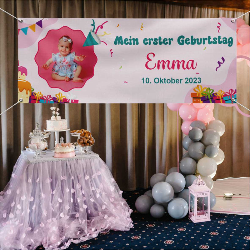 Geburtstagsbanner "Mein erster Geburtstag" für Mädchen personalisiert mit Foto und Wunschname