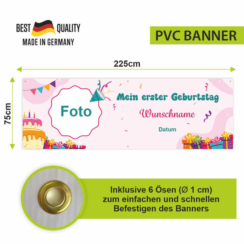 Geburtstagsbanner "Mein erster Geburtstag" für Mädchen personalisiert mit Foto und Wunschname