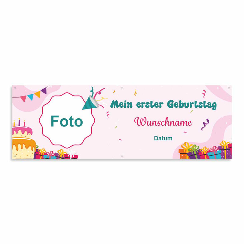 Geburtstagsbanner "Mein erster Geburtstag" für Mädchen personalisiert mit Foto und Wunschname