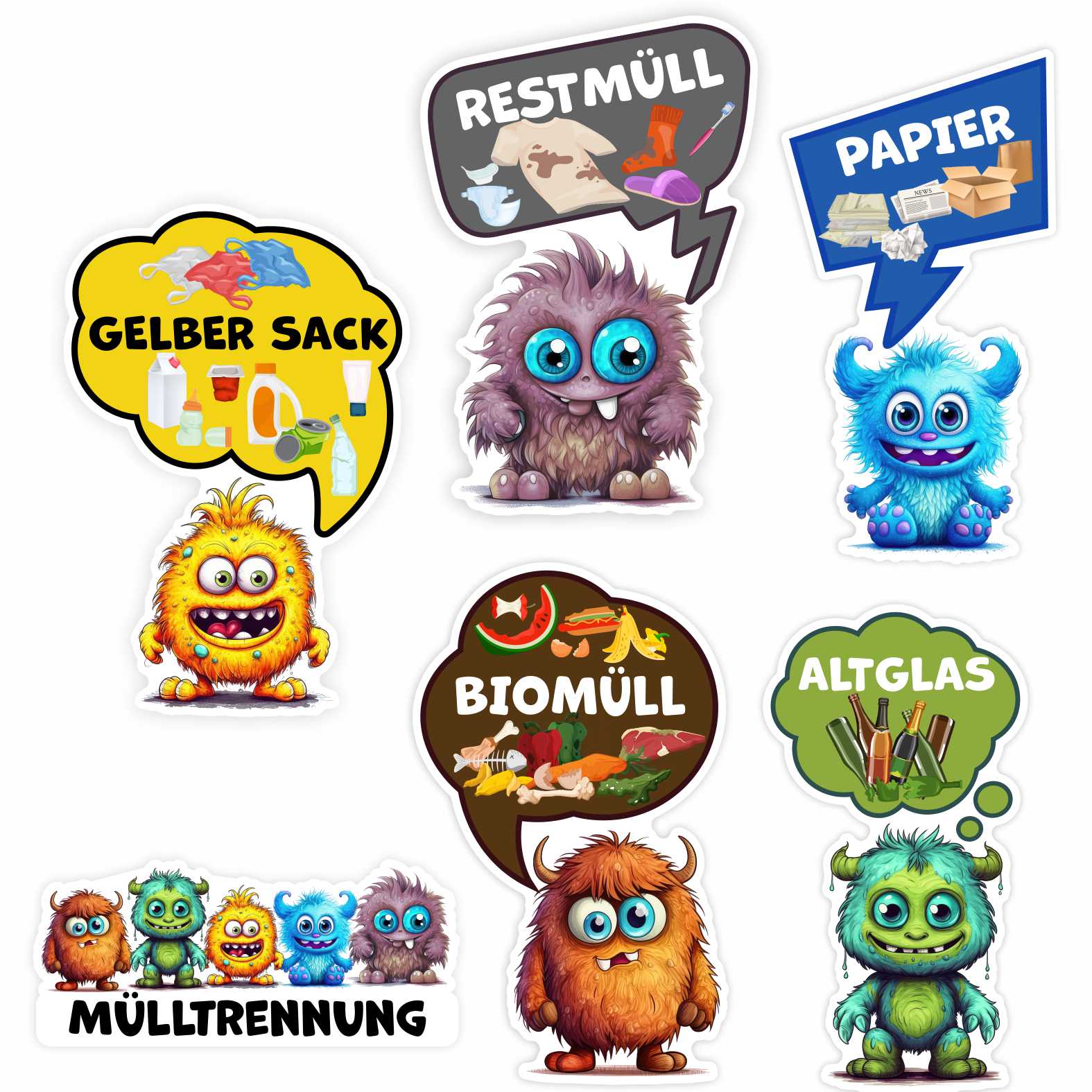 Lustige Aufkleber Monster Set  Mülltrennung - Gelber Sack, Altglas, Altpapier, Restmüll, Biomüll- für Innen