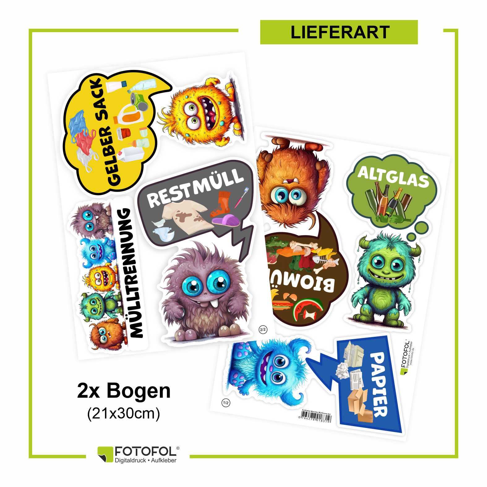 Lustige Aufkleber Monster Set  Mülltrennung - Gelber Sack, Altglas, Altpapier, Restmüll, Biomüll- für Innen