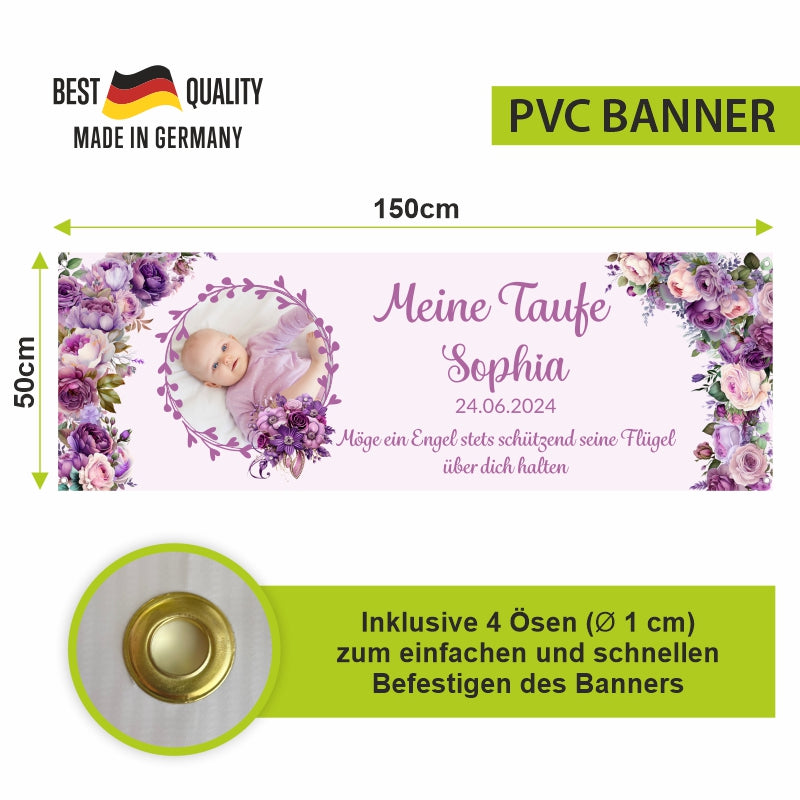 Taufe / Kommunion Banner  personalisiert mit Foto und Wunschname - Lila Blumen