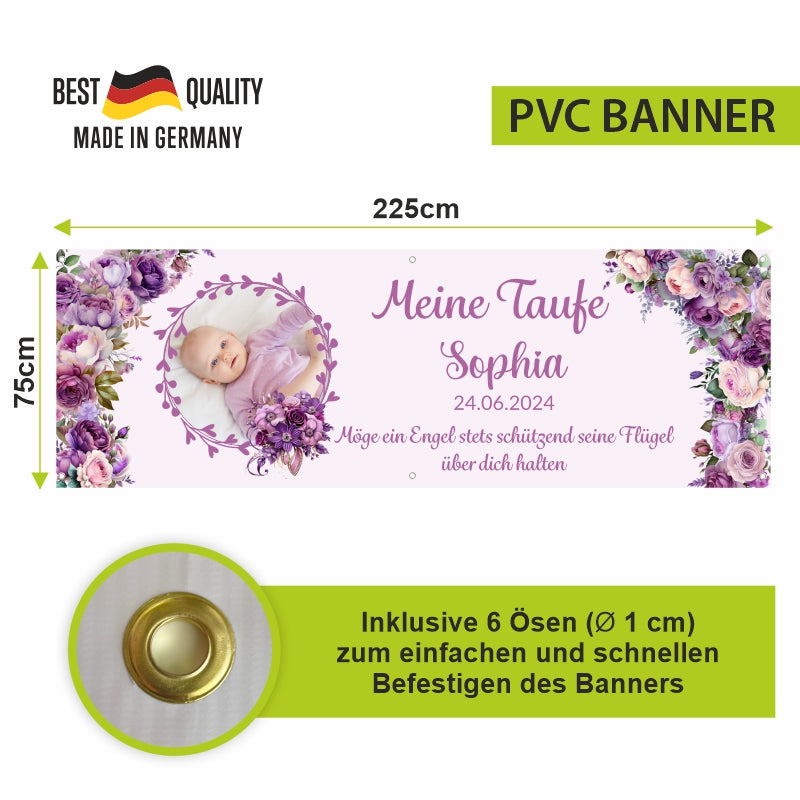 Taufe / Kommunion Banner  personalisiert mit Foto und Wunschname - Lila Blumen