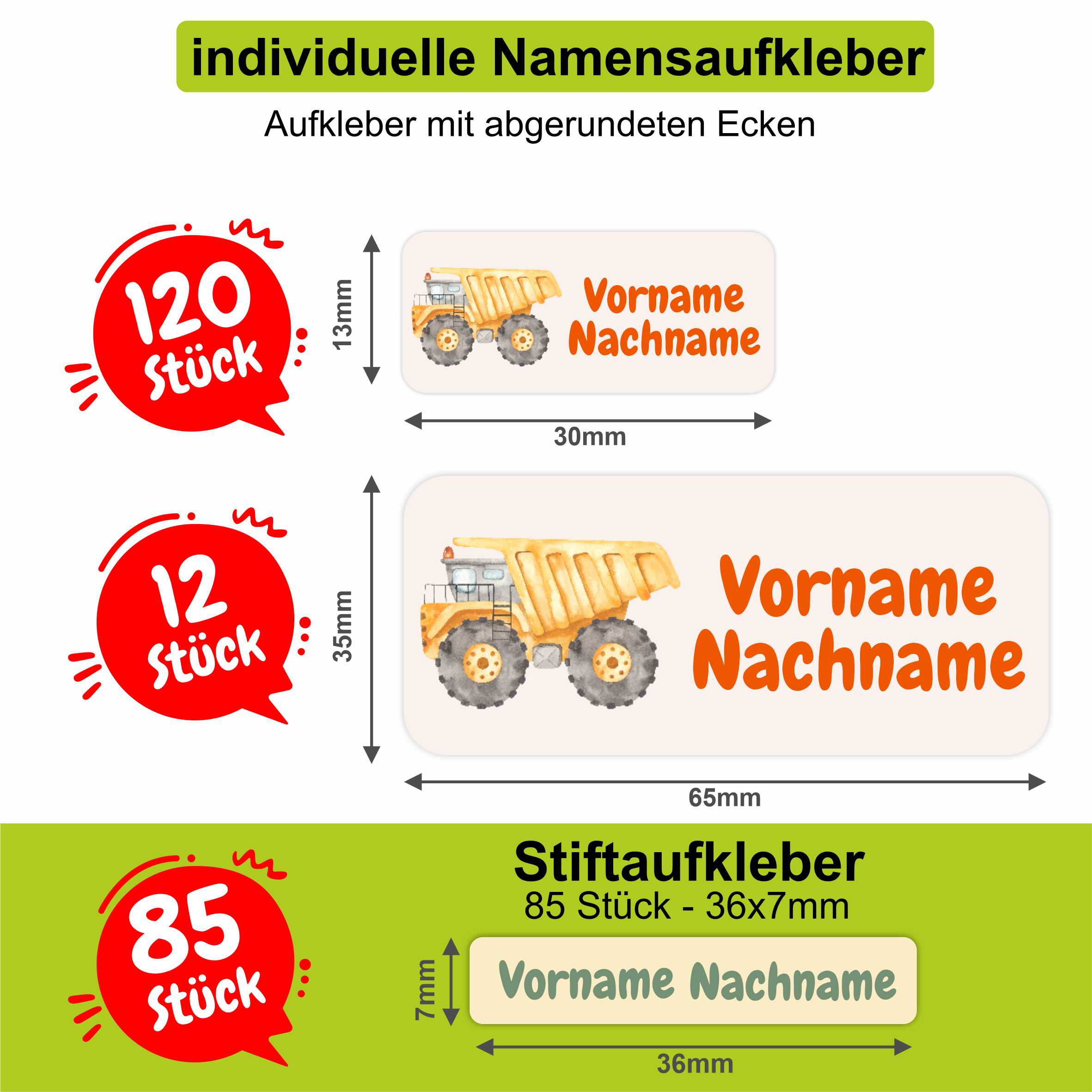 Namensaufkleber Set - personalisiert mit Wunschname für Stifte und alle Schulsachen - Baumaschinen