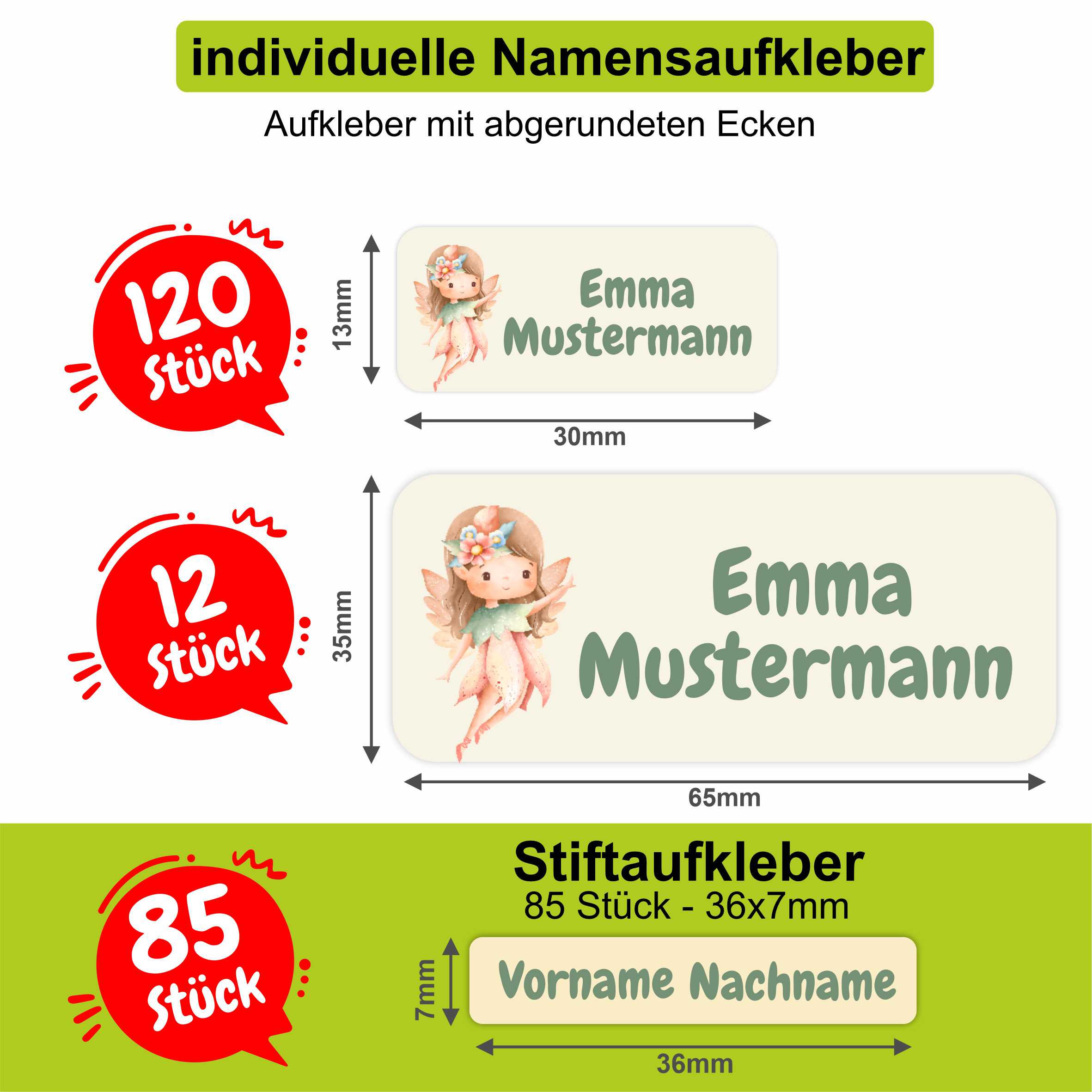 Namensaufkleber Set - personalisiert mit Wunschname für Stifte und alle Schulsachen - Feen