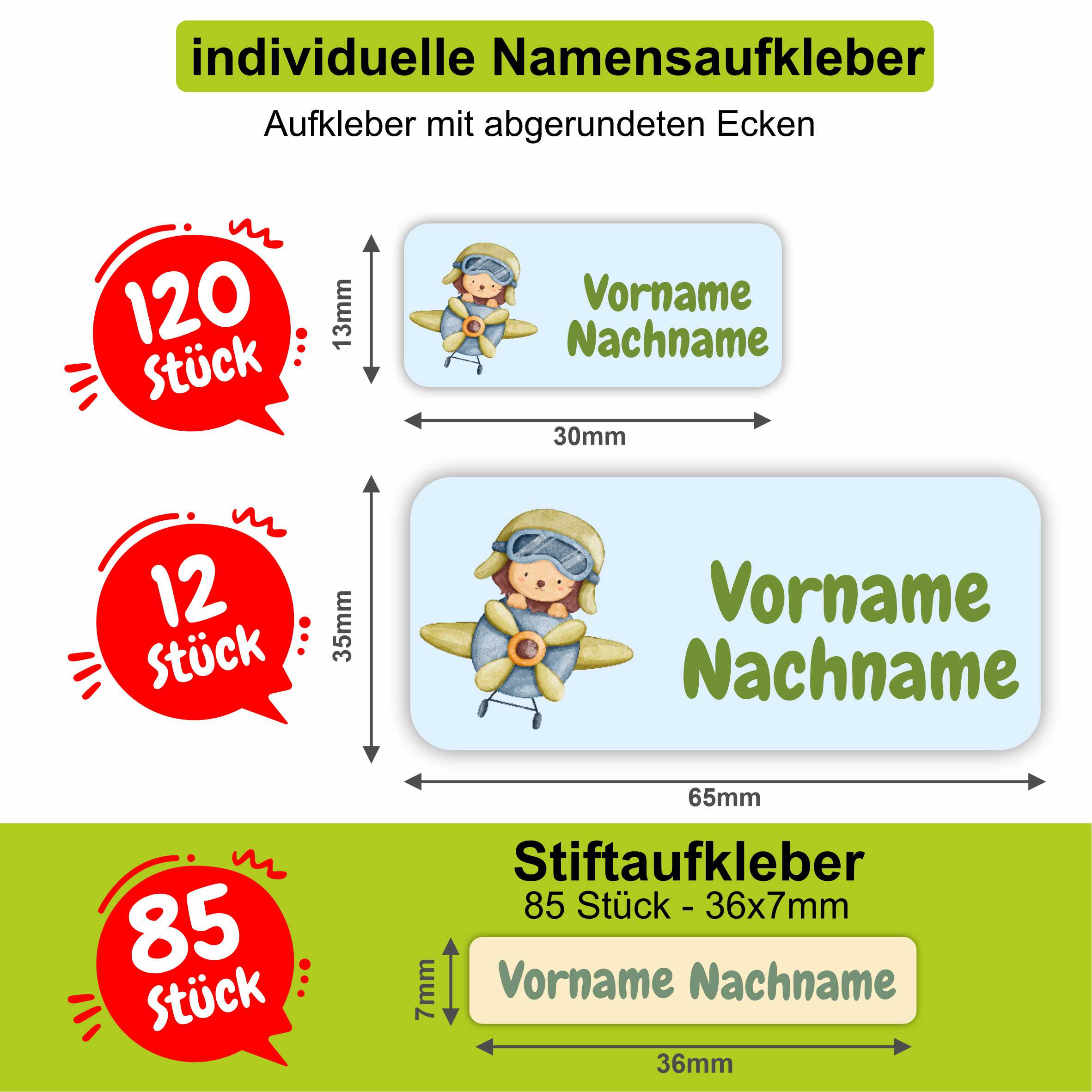 Namensaufkleber Set - personalisiert mit Wunschname für Stifte und alle Schulsachen - Flugzeuge