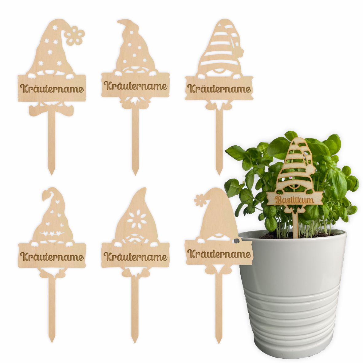 Kräuterschild Kräuterstecker 6er-Set aus Holz - Kräutername personalisiert - Pflanzstecker, Gartenstecker für Kräuter