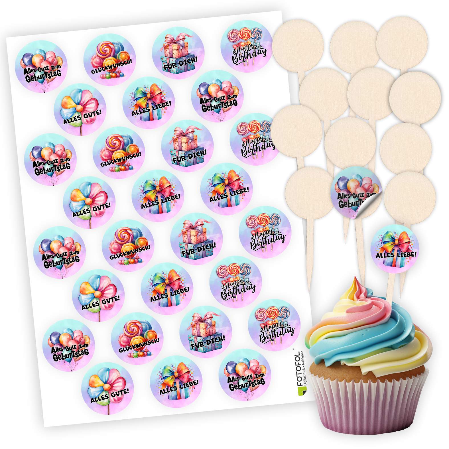 Cupcake Stecker 12er Set aus Holz mit Aufklebern