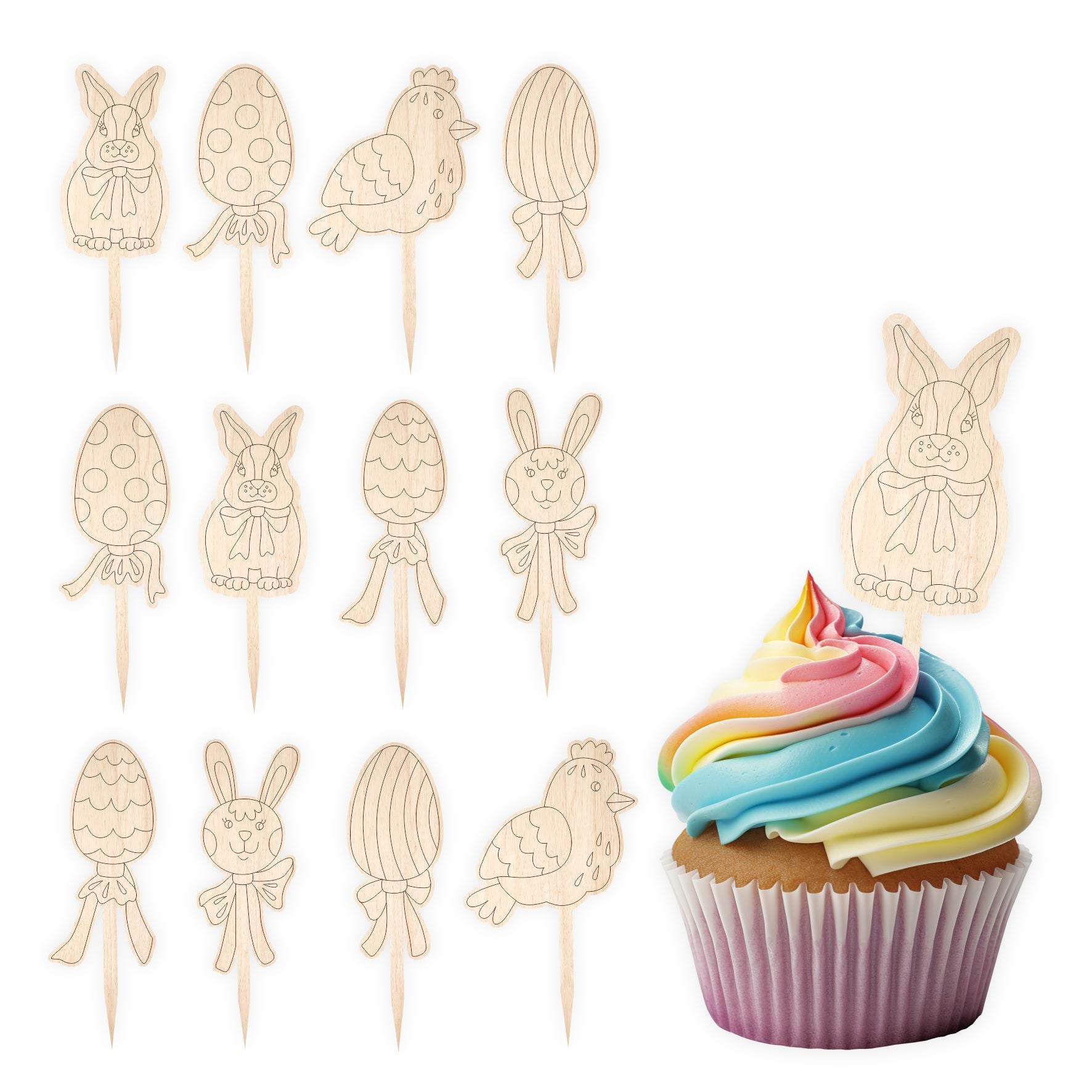 Cupcake Stecker 12er Set aus Holz - Ostern