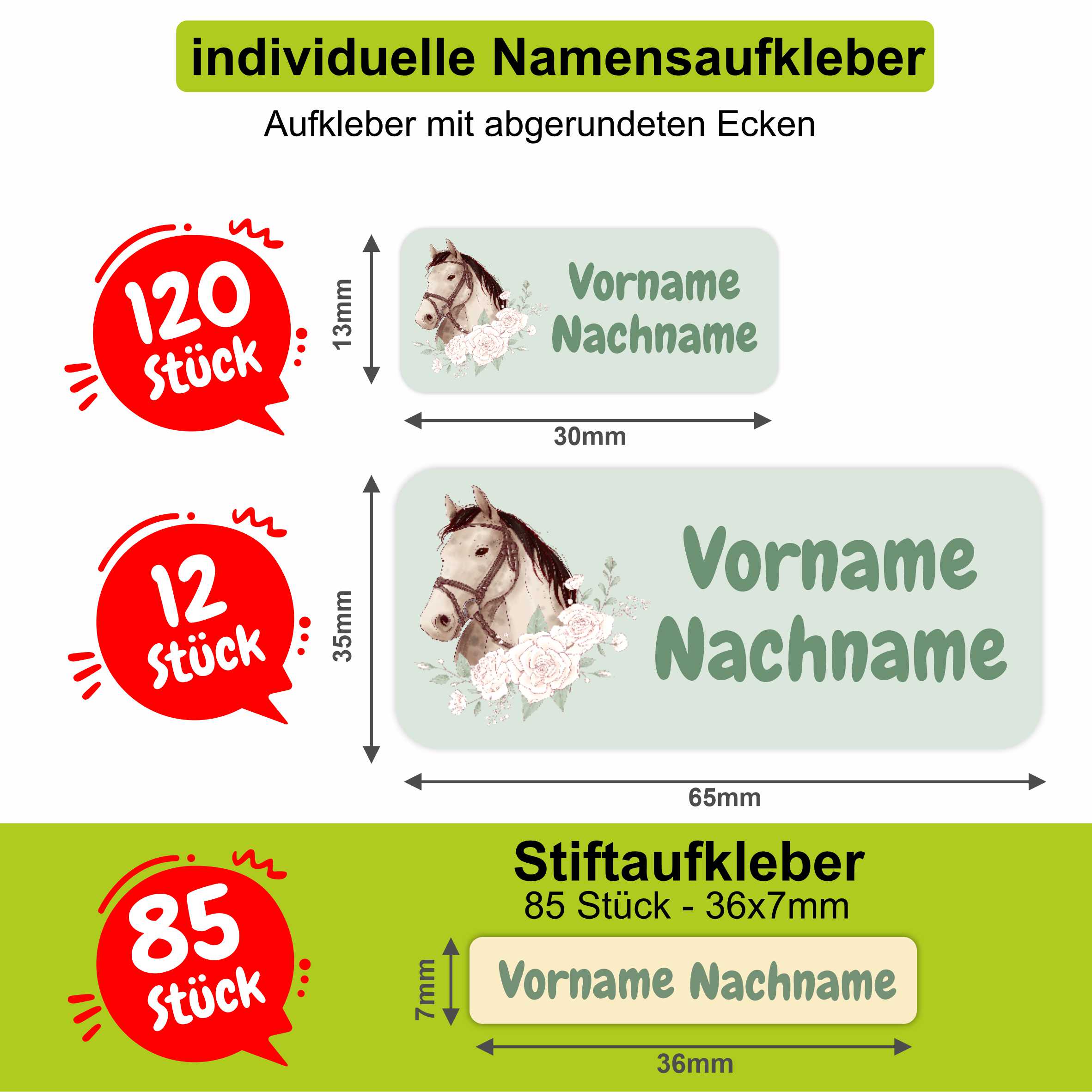 Namensaufkleber Set - personalisiert mit Wunschname für Stifte und alle Schulsachen - Pferde