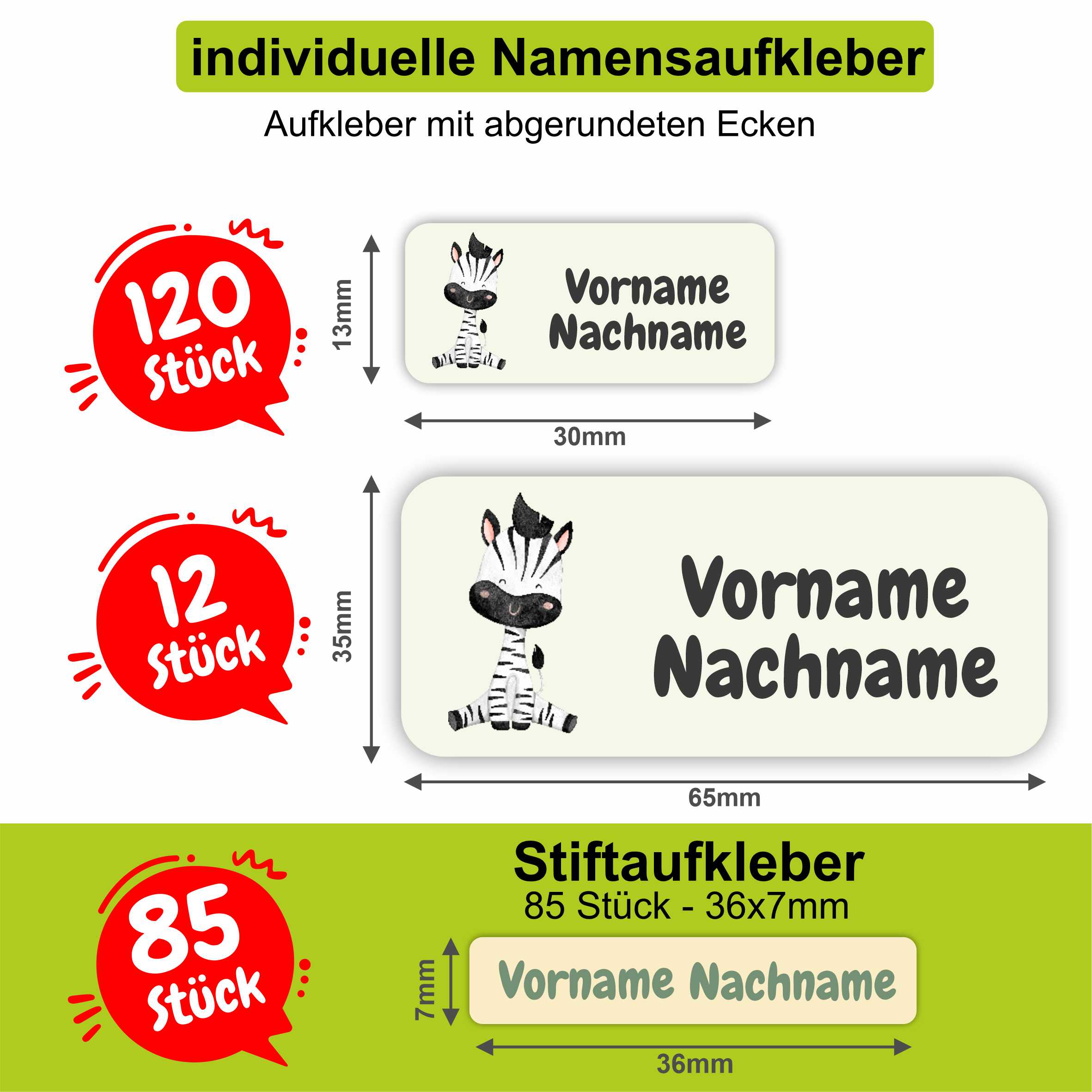 Namensaufkleber Set - personalisiert mit Wunschname für Stifte und alle Schulsachen - Safari