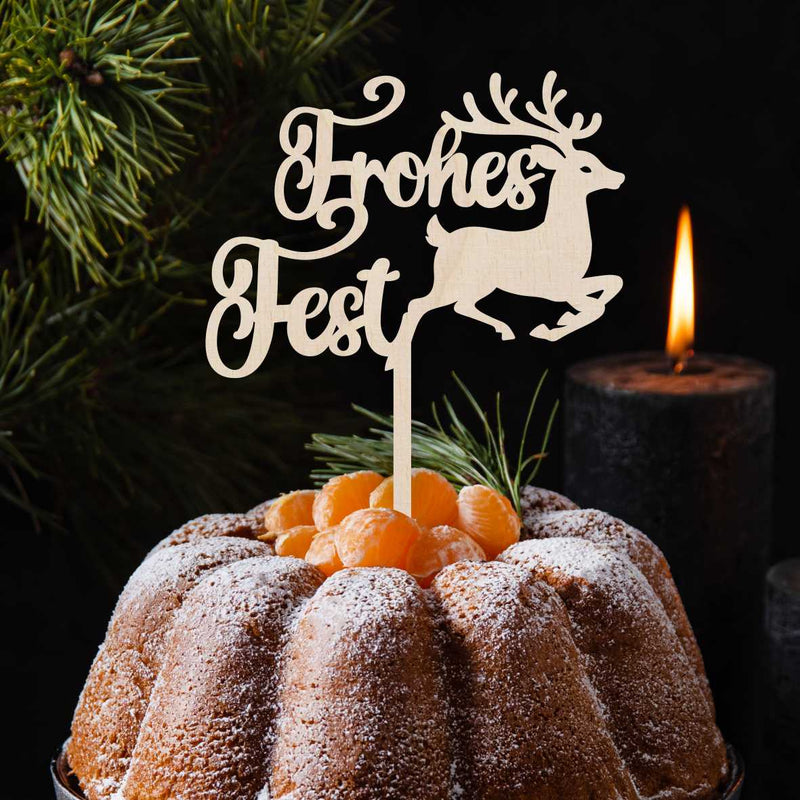 CAKE TOPPER Frohes Fest aus Holz - Tortendeko & Kuchendeko - Weihnachtsdeko - Torten-stecker