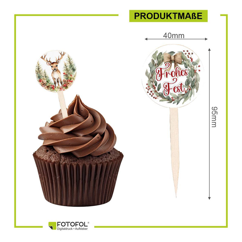 Weihnachten Cupcake Stecker 12er Set aus Holz mit Aufklebern