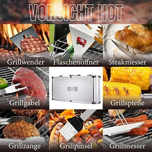 Grillkoffer Personalisiert mit Gravur I ‎Grillzubehör 30-teilig Personalisiert mit Grillzange, Spießen, Steakmesser I Geschenkidee Vater Geschenke für Männer