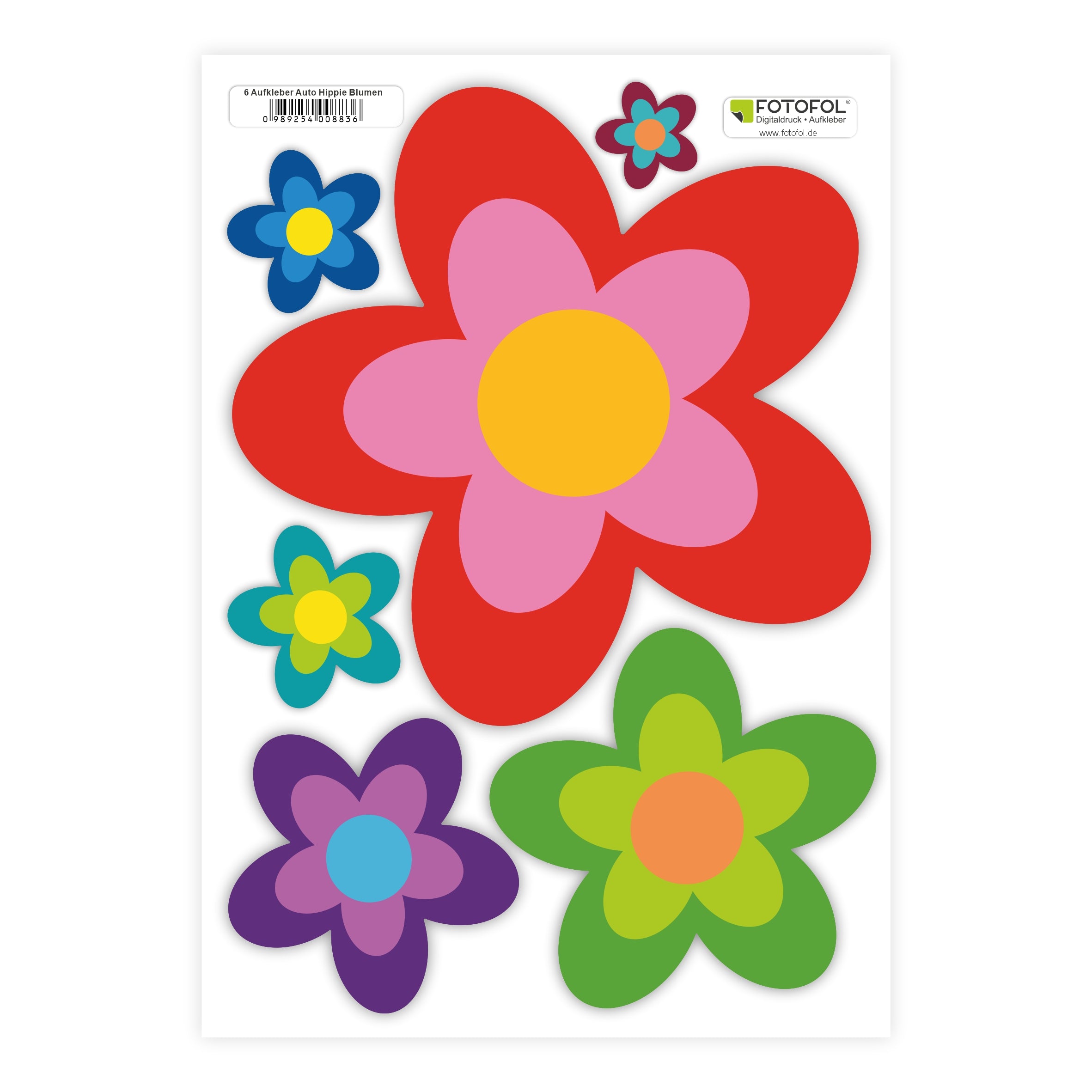 6 Aufkleber Auto Hippie Blumen - Sticker Flower Power Sommer - für Auto, Fahrzeuge, Roller, Moped, Motorrad-Helm - perfekt für VW Bulli California