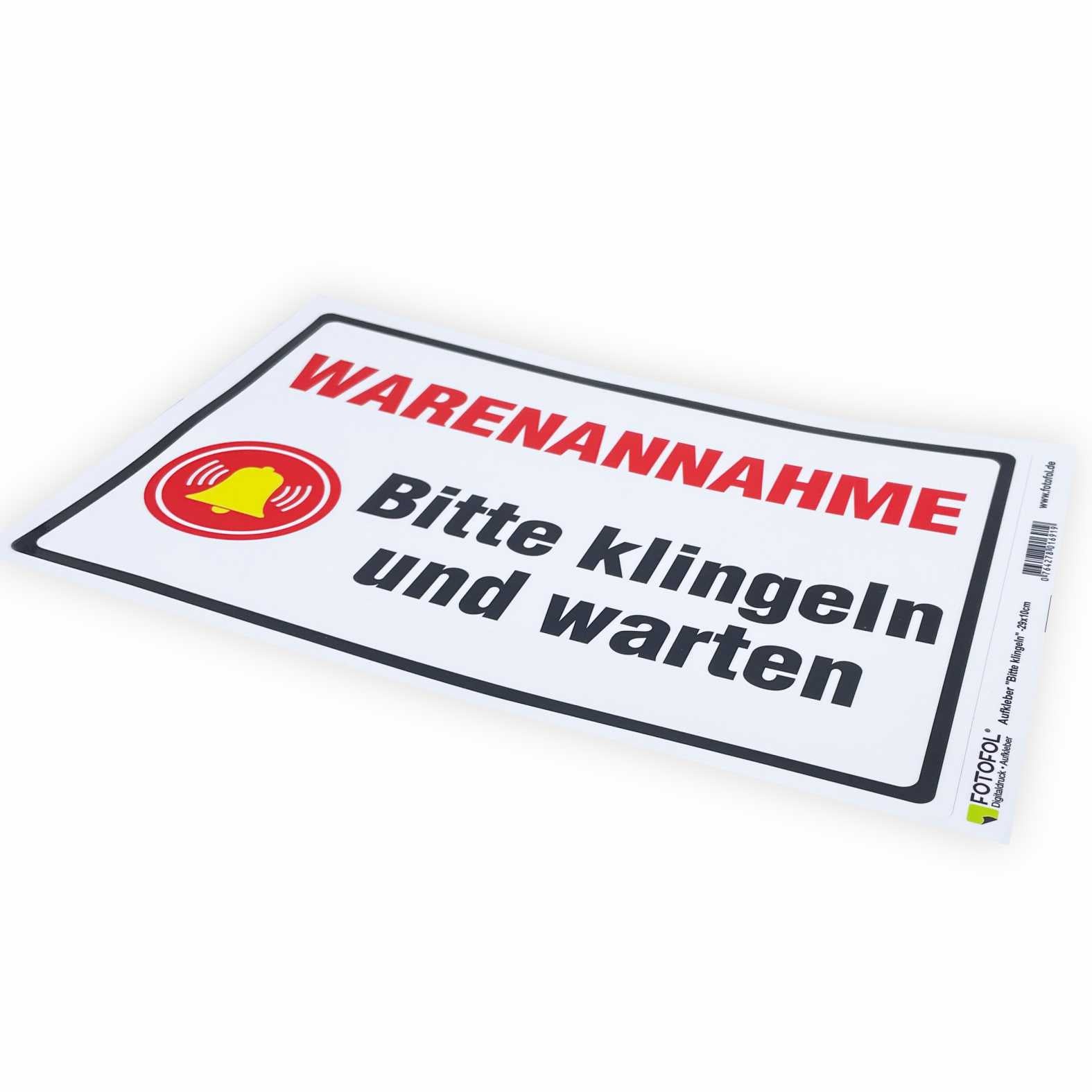 Aufkleber 29x20cm "Warenannahme - Bitte klingeln und warten"  - Hinweisaufkleber für den Innen- und Außenbereich - Folie selbstklebend