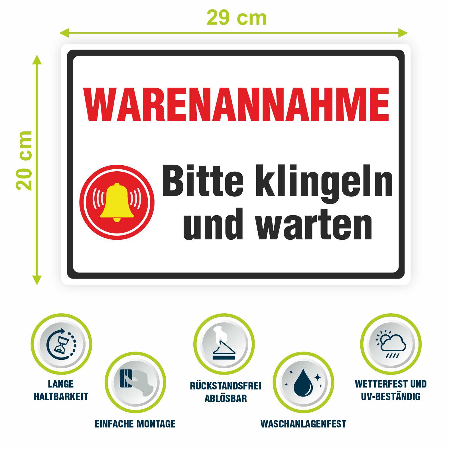 Aufkleber 29x20cm "Warenannahme - Bitte klingeln und warten"  - Hinweisaufkleber für den Innen- und Außenbereich - Folie selbstklebend