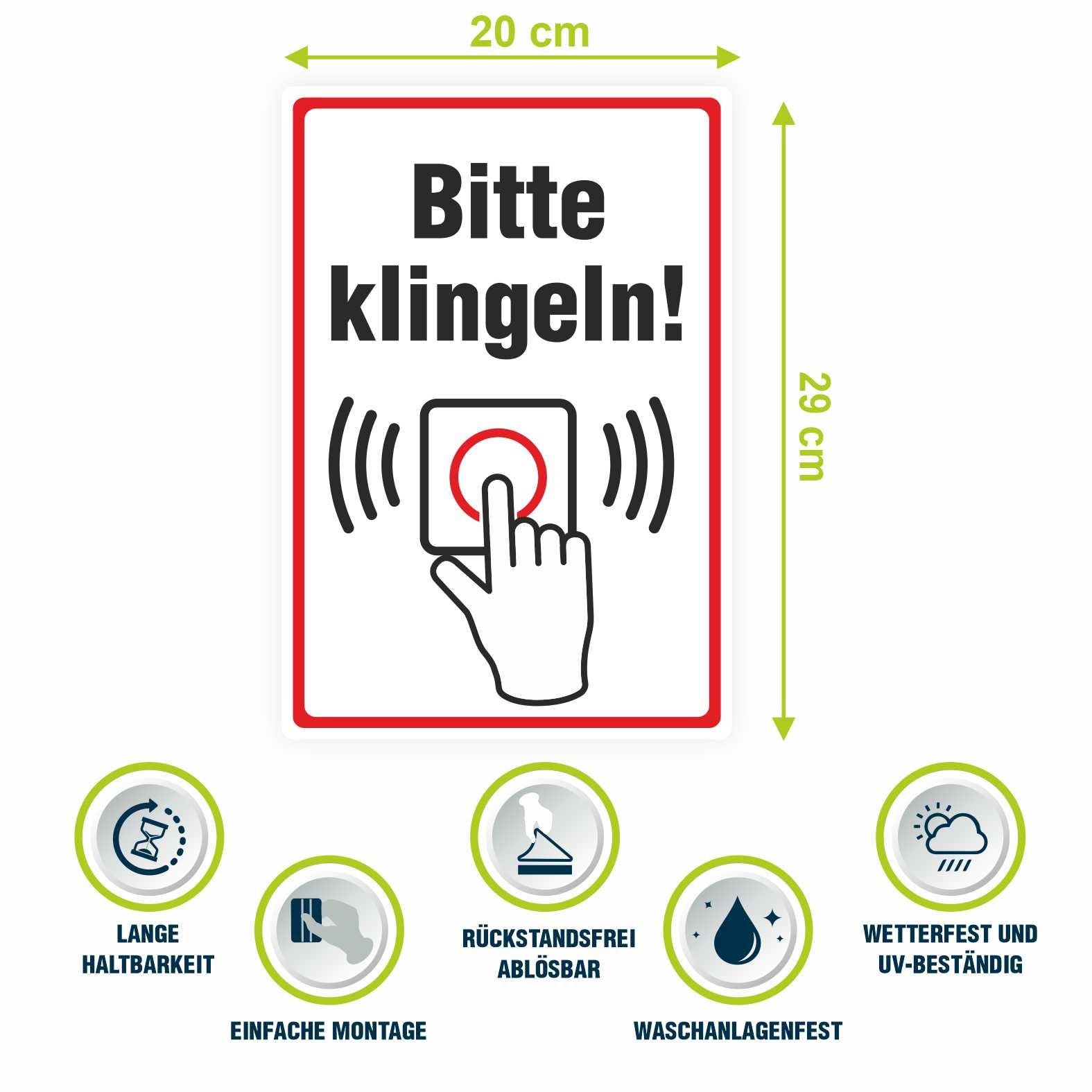 Aufkleber 20x29cm "Bitte klingeln"  - Hinweisaufkleber für den Innen- und Außenbereich - Folie selbstklebend