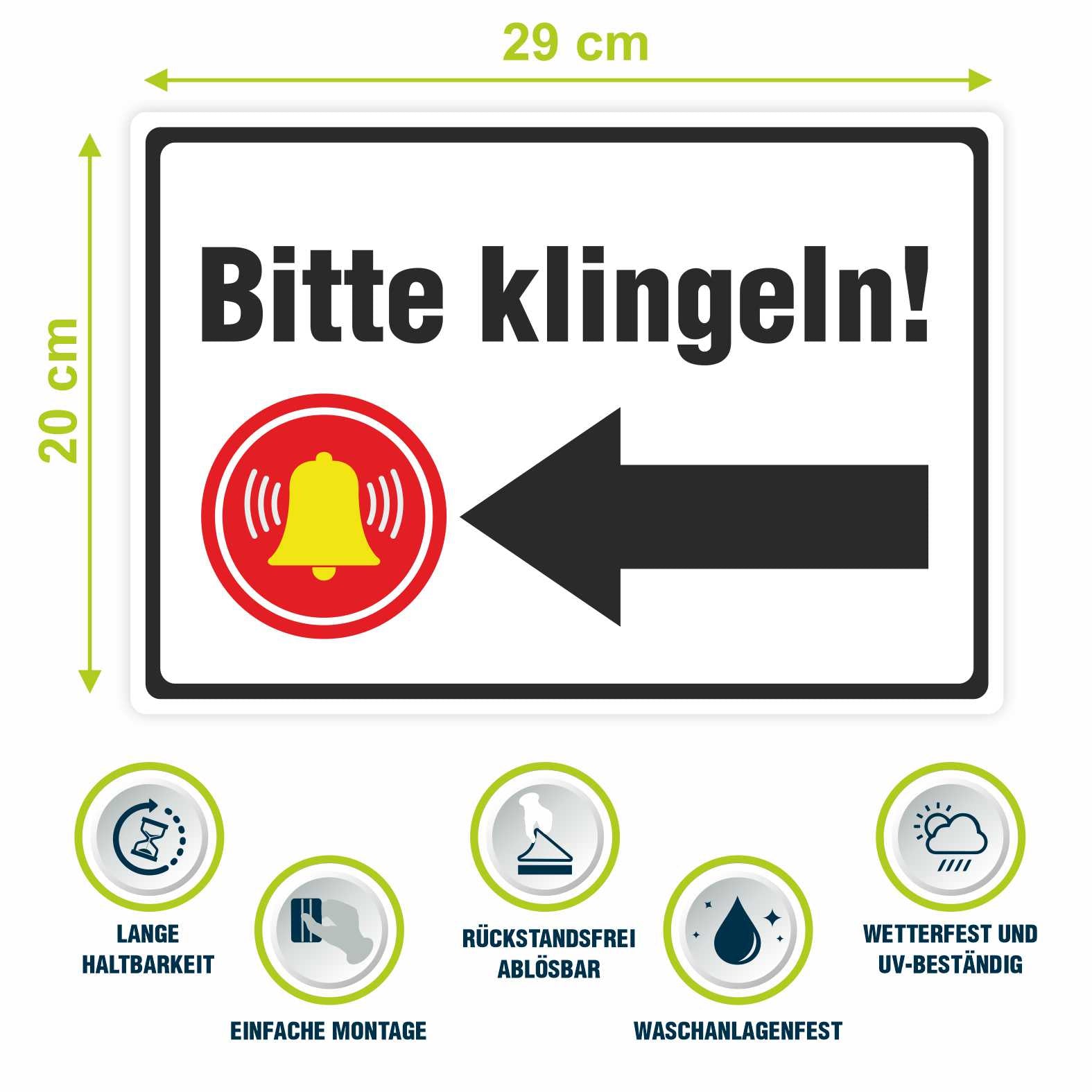 Aufkleber 29x20cm "Bitte klingeln - Pfeil rechts oder links"  - Hinweisaufkleber für den Innen- und Außenbereich - Folie selbstklebend