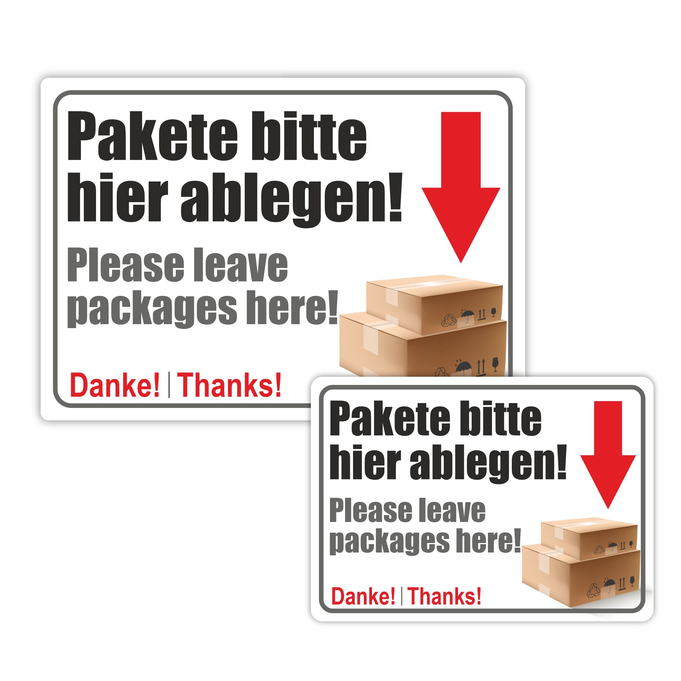 Aufkleber - "Pakete bitte hier ablegen!" - "Please leave packages here!"