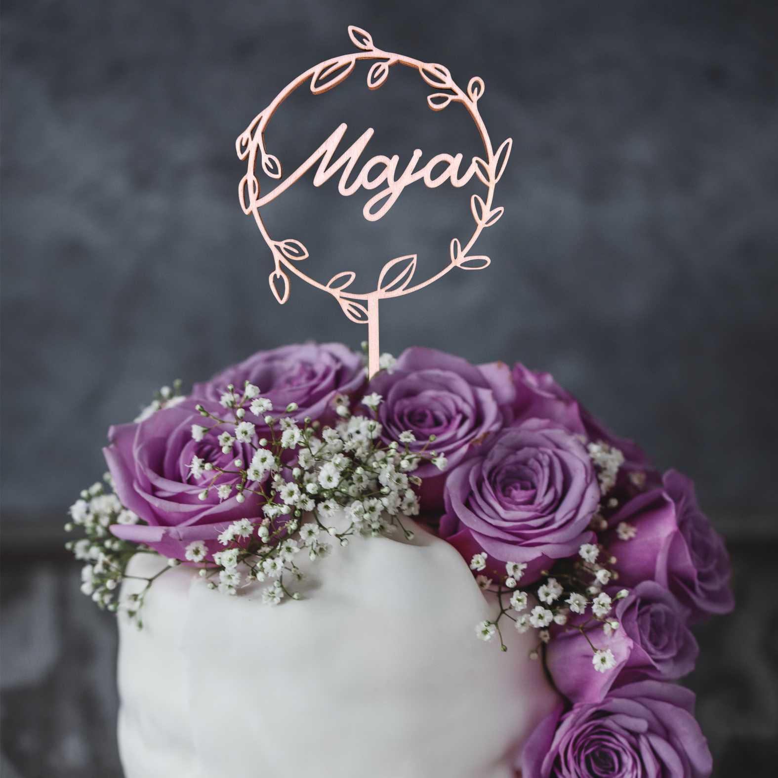 CAKE TOPPER  Wunschname personalisiert runder Blumenkranz- Tortendeko & Kuchendeko