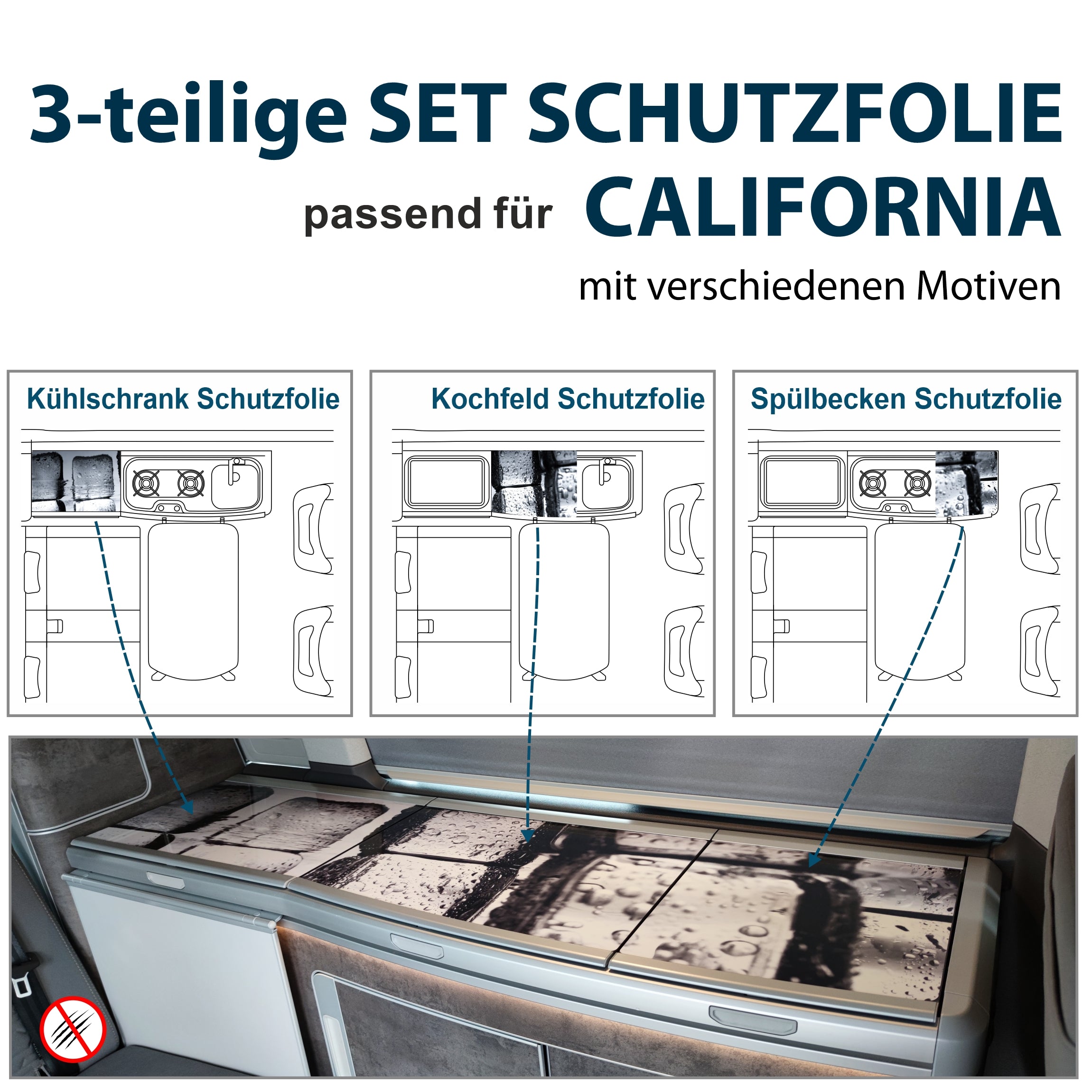 Schutzfolien Auto-Set, passend für VW T6.1 oder T6 California - Schutz für Glass-Abdeckung vom Kühlschrank, Kochfeld, Spülbecken mit verschiedenen Motiven