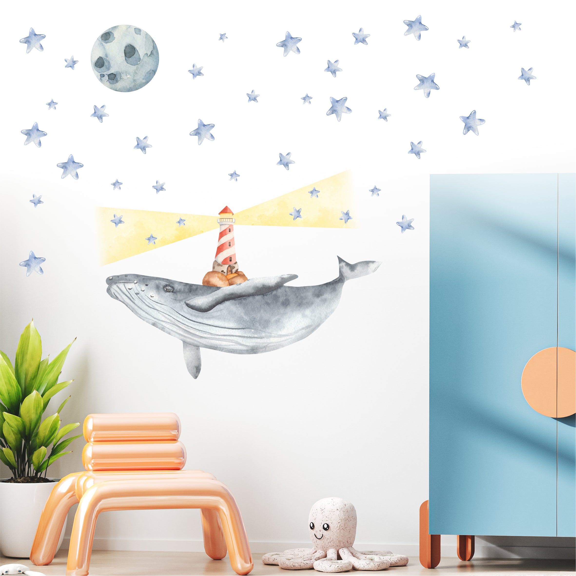 Wandtattoo Wal mit Leuchtturm und Mond mit Sterne - Wandsticker Kinderzimmer