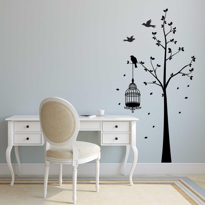 Wandtatoo Schlafzimmer Deko Elegante Baum mit Vogelkäfig Vögel Blätter
